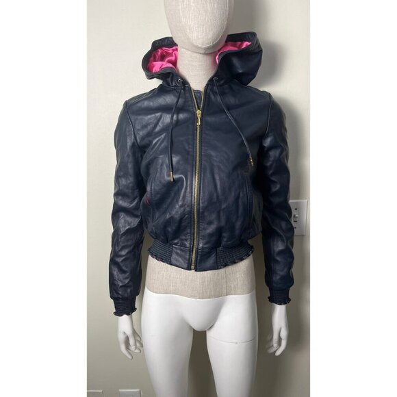 JUICY COUTURE LAMBSKIN LEATHER NAVY HOODIE JACKET XS - Picture 8 of 16